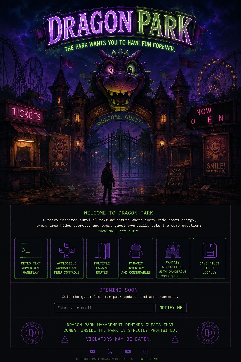 Retro digital illustration of a lone figure approaching Dragon Park at night. Neon green and purple lights glow around the entrance while the park waits with suspiciously cheerful energy.