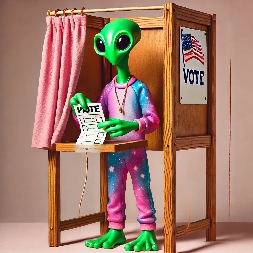 The image shows a cartoonish green alien with large black eyes standing in a wooden voting booth. The alien is wearing a colorful outfit that resembles a galaxy pattern with shades of pink, purple, and blue, and is holding a ballot paper in its hands. The ballot paper has the word "VOTE" written at the top. The voting booth has a pink curtain and a sign on the side with an American flag and the word "VOTE" in bold letters. The alien appears to be in the process of voting.