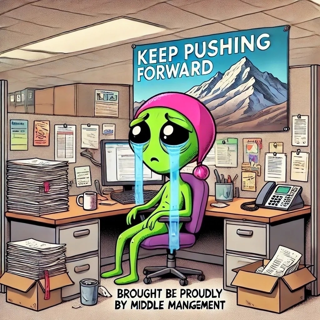 The image is a cartoon illustration of an office cubicle. In the center, there is a green alien with a pink hat sitting on an office chair, looking sad with large tears streaming down its face. The alien is in front of a computer, surrounded by stacks of paperwork on the desk and in boxes on the floor. The cubicle walls are covered with various papers and a large motivational poster that reads "KEEP PUSHING FORWARD" with an image of a mountain. At the bottom of the image, there is text that says "BROUGHT BE PROUDLY BY MIDDLE MANGEMENT." The scene humorously depicts the stress and overwhelm often associated with office work.