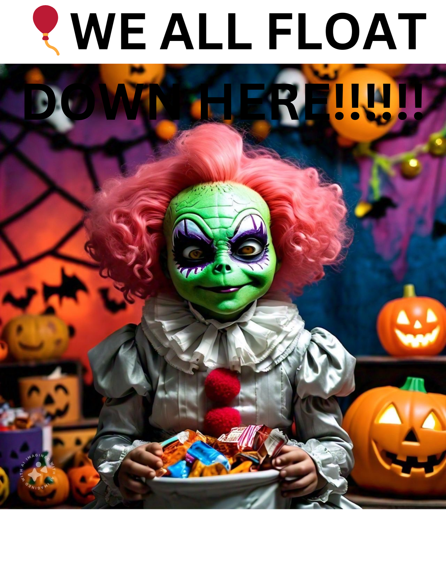 Changeling dressed as pennywise the Dancing Clown with a trick-or-treat bucket filled with candy in their hand. Above them, the text We all foloat down here is in bold, capital letters. The text is occompanied by red balloon emojis.