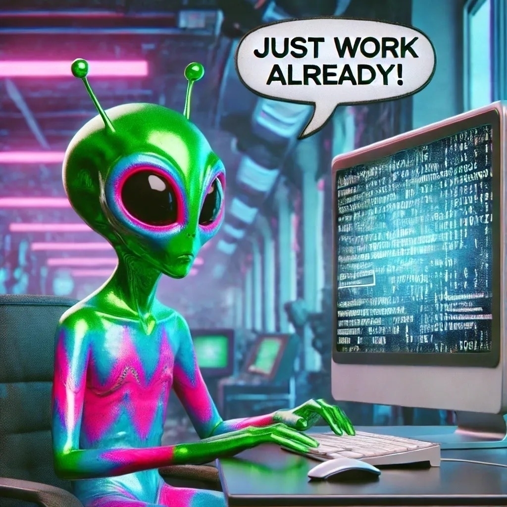 The image shows a colorful alien sitting at a desk in front of a computer. The alien has a shiny, vibrant skin with green, pink, and blue hues, large black eyes, and two antennae on its head. It is typing on a keyboard with a focused expression. The computer screen displays lines of code. Above the alien, there is a speech bubble with the text "JUST WORK ALREADY!" The background features a futuristic setting with neon lights and additional computer monitors.