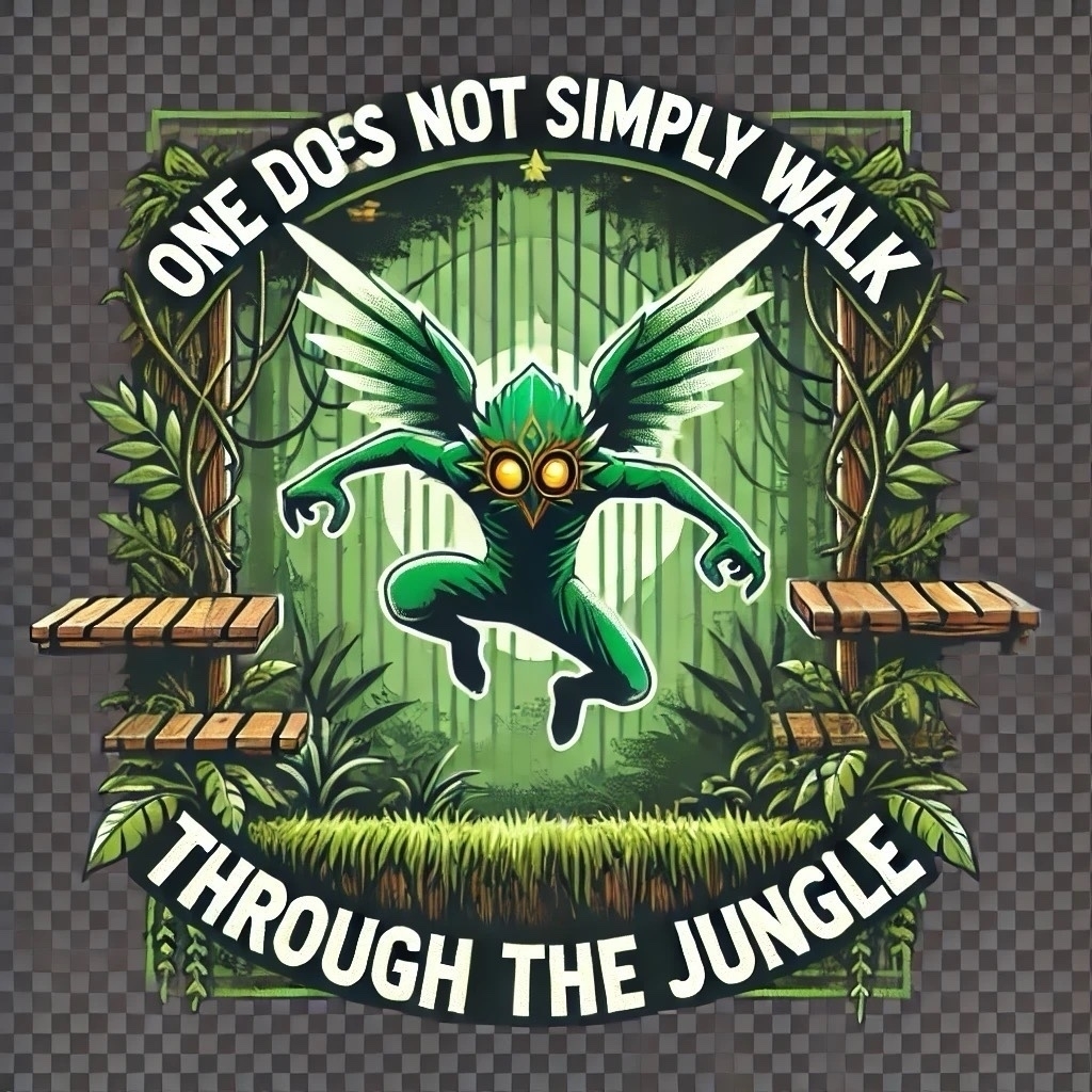 Changeling, a green humanoid creature with wings and glowing yellow eyes, is depicted mid-jump in a jungle-themed obstacle course. The background is transparent, with minimal details like wooden platforms and tropical plants. Bold, clear text at the top reads, “One does not simply walk through The Jungle,” prominently displayed for visibility. The design is clean, dynamic, and adaptable for various uses.