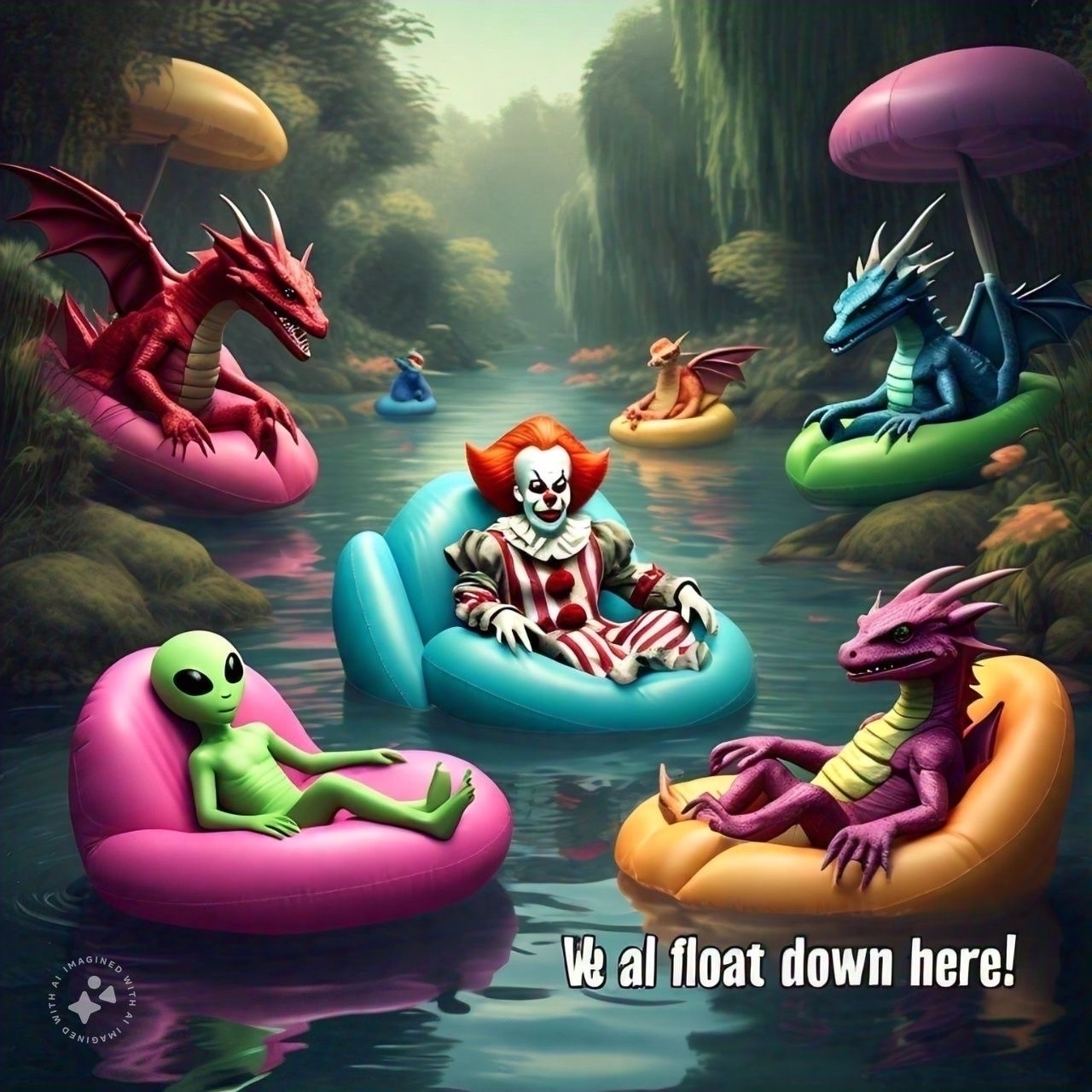 Changeling, the Accessibility Dragons and Pennywise The Dancing clown are floating down a river in lounge chairs. The caption: We all float down here!