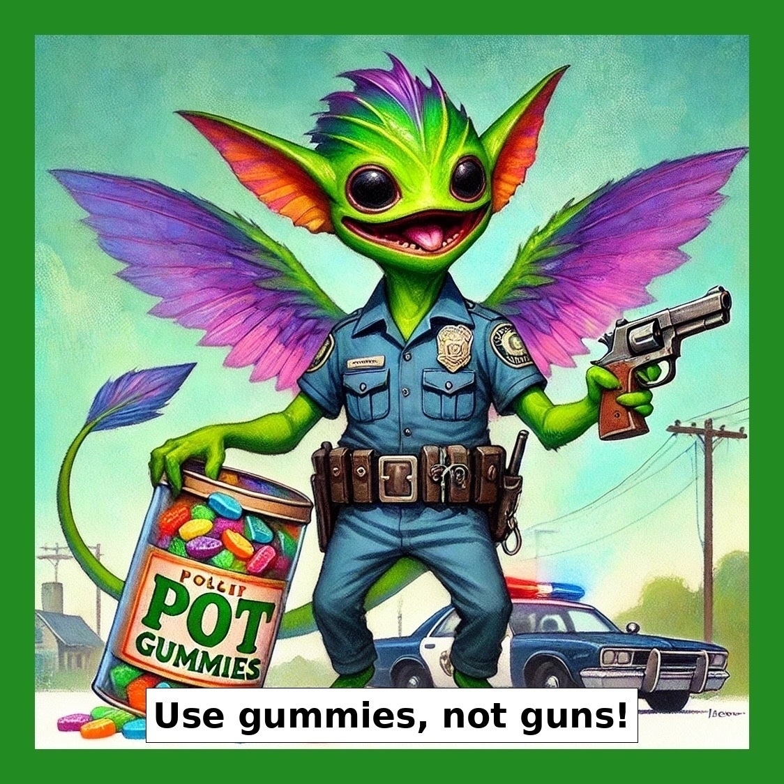 An illustration of Changeling, a vibrant green and purple alien-like character with whimsical features, dressed as a police officer. The character is humorously pulling a colorful canister of pot gummies from a gun holster, smiling mischievously. The scene includes the text “Use gummies, not guns!” in bold letters near the bottom, reinforcing the playful and peace-promoting message. The image is framed with a decorative green border, suggesting a marijuana leaf theme, adding to the light-hearted and humorous tone.