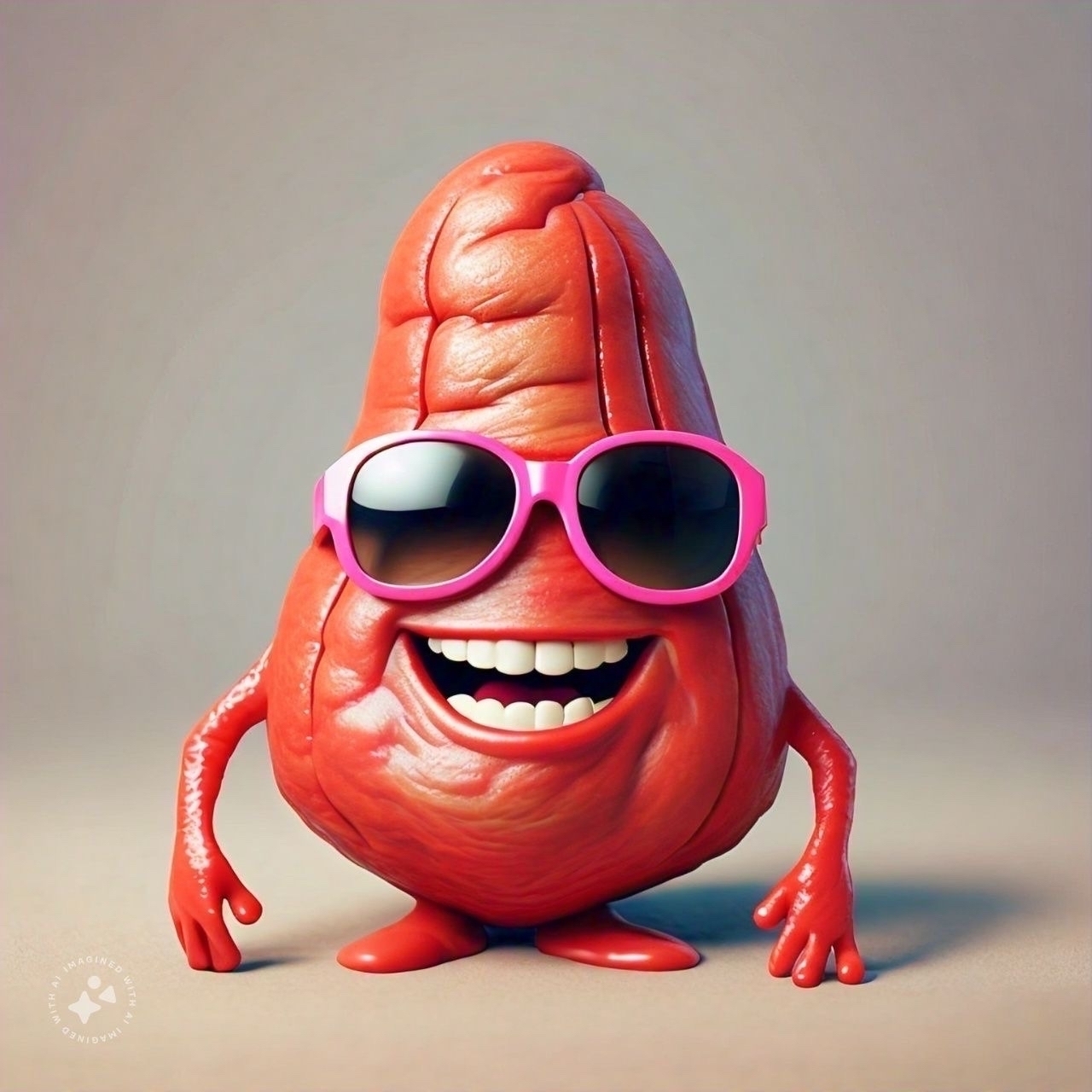 The image depicts a whimsical, cartoon-like character designed to resemble a hemorrhoid. The character has a large, red, wrinkled appearance, with a big, wide smile showing its teeth. It is wearing oversized, bright pink sunglasses, adding a humorous touch. The character has small arms and legs, giving it a playful and lighthearted look. The background is plain and neutral, which makes the character stand out prominently.