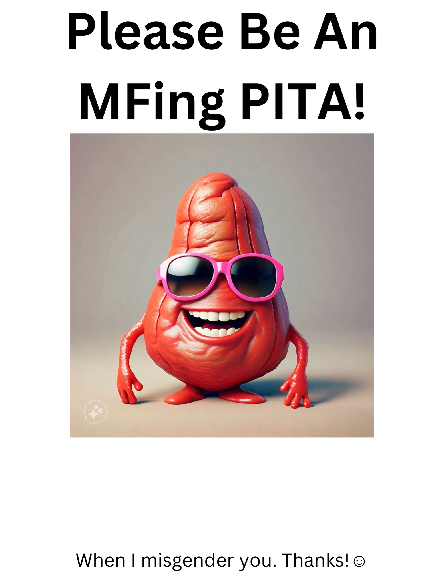 A cartoon hemeroid is in the middle of the design. Text above says, "Please be an MFing PITA!" and text below reads "When I misgender you. thanks." There is a smile emoji at the end of the sentence.