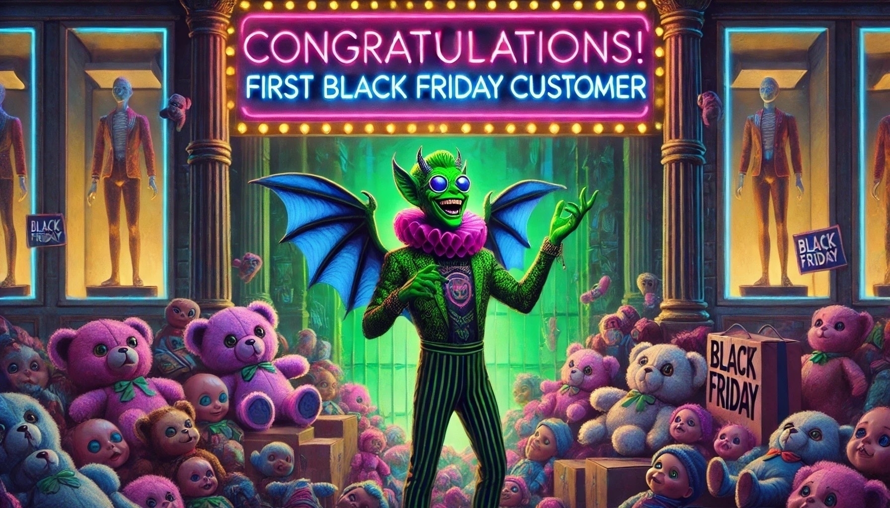 The image is a colorful and surreal illustration depicting a scene that seems to be a playful take on a Black Friday sale. In the center, there is a green creature with bat-like wings, wearing a vibrant outfit with a purple ruffled collar and striped pants. The creature is smiling widely, with large round glasses and a playful pose. Surrounding the creature are numerous plush teddy bears and dolls, all in various pastel colors like pink, blue, and brown. The background features a storefront with mannequins dressed in red jackets, and signs that read "Black Friday." Above the scene, a bright neon sign says "CONGRATULATIONS! FIRST BLACK FRIDAY CUSTOMER." The overall atmosphere is whimsical and fantastical, with a mix of vibrant colors and playful elements.