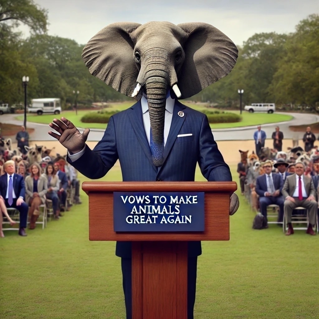 An anthropomorphic elephant named Emperor T, dressed in a sharp blue suit, stands confidently at a podium in an outdoor setting, addressing a crowd. The podium features a nameplate that reads “Vows to Make Animals Great Again.” The background includes a diverse audience of both humans and animals seated on a grassy lawn, with trees and open space creating a neutral, non-specific setting. Emperor T gestures with one hand raised, emphasizing its speech, while maintaining a formal and charismatic demeanor. The atmosphere resembles a press conference or public event.