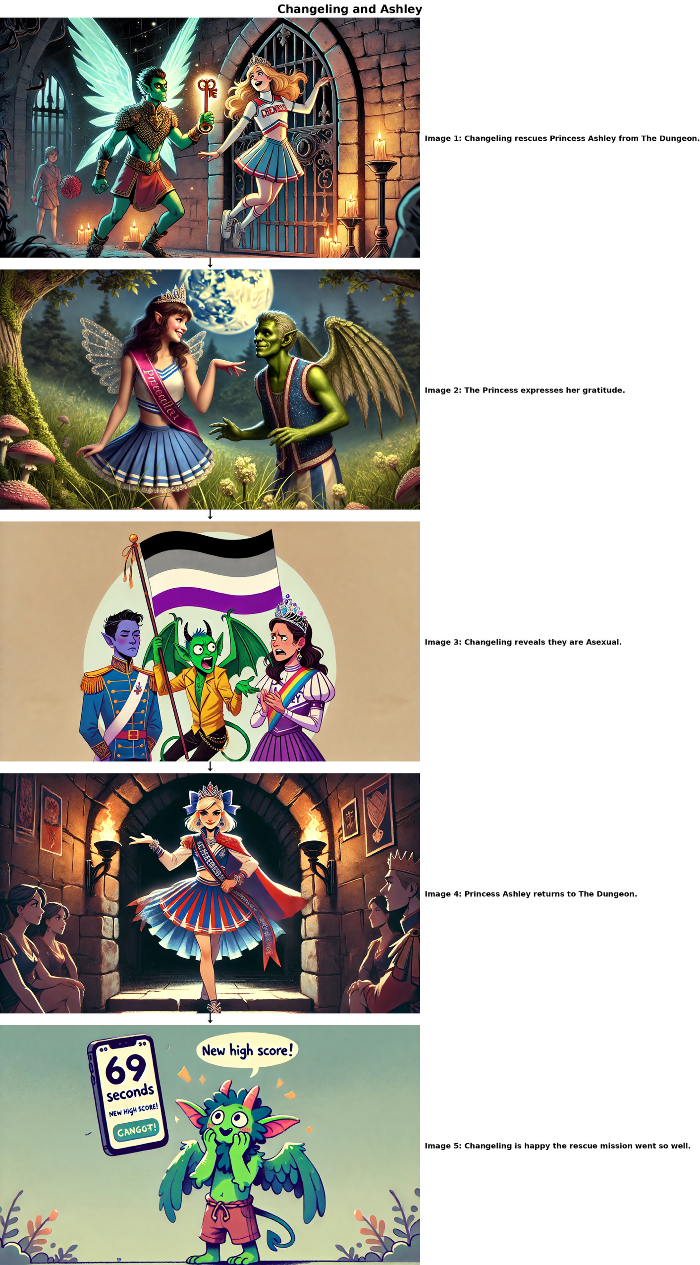 A vertical collage titled “Changeling and Ashley” featuring five illustrated scenes:&10;	1.	Top Scene: Changeling, a green humanoid figure with wings, unlocks a dungeon door with a glowing key to rescue Princess Ashley. The princess wears a cheerleader-style outfit with a tiara and regal sash, looking relieved. The dungeon is dark with stone walls and flickering torches.&10;	2.	Second Scene: Princess Ashley, dressed in her royal-cheerleader attire, flirts with Changeling in a serene meadow under a full moon. Ashley has a teasing expression, while Changeling looks perplexed.&10;	3.	Third Scene: Changeling proudly holds up an Asexual Pride flag with black, gray, white, and purple stripes. Princess Ashley, standing beside them, reacts with an exaggerated look of disgust and annoyance.&10;	4.	Fourth Scene: Princess Ashley confidently strides back into the dark dungeon, appearing as though she owns the place. She has a commanding expression, and the dungeon’s torches cast dramatic shadows.&10;	5.	Bottom Scene: Changeling stands alone, looking at a phone screen that displays “69 seconds” and “New High Score!” with an expression of pride and amusement.&10;&10;Arrows between each scene guide the viewer through the sequence.