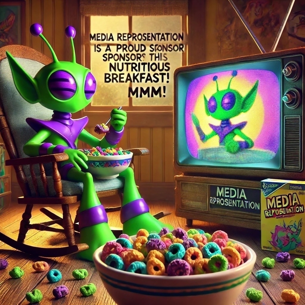 “Changeling relaxes in a cozy rocking chair, eating a bowl of cereal shaped like miniature Changelings, while watching a vibrant Saturday morning cartoon featuring another Changeling on the TV. A speech bubble declares, ‘Media representation is a proud sponsor of this nutritious breakfast! MMMM!’ The scene exudes a playful, meta vibe, blending nostalgia, self-awareness, and layers of representation.”