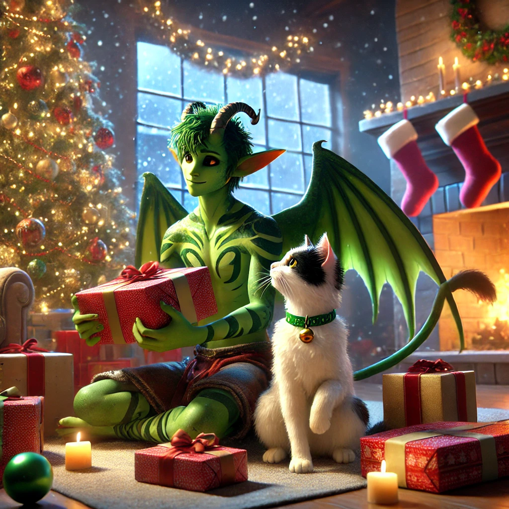 A festive holiday scene featuring Changeling, a green humanoid figure with wings, and Alex, a white cat with black spots and yellow eyes wearing a green collar with a bell. They are sitting together in a cozy living room. Changeling is holding a gift with a delighted expression, while Alex curiously inspects another present. The background includes a beautifully decorated Christmas tree with glowing lights and ornaments, a fireplace with stockings hung above it, and a window showcasing snow falling outside. The floor is scattered with wrapped and unwrapped presents, creating a warm and cheerful holiday atmosphere.