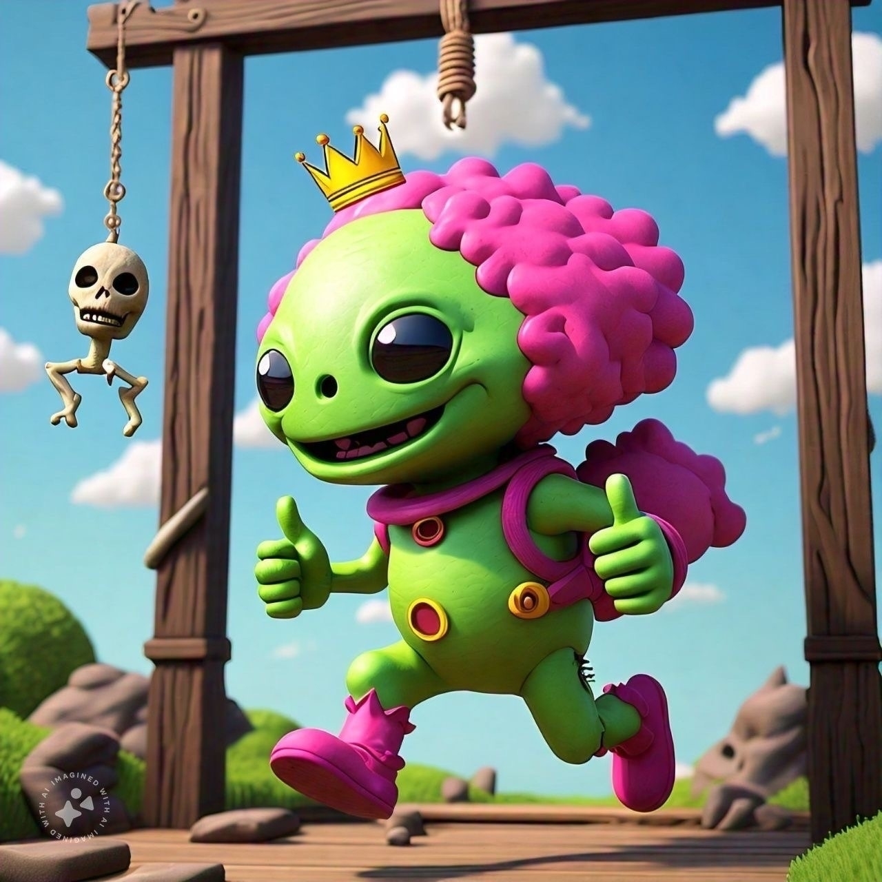 A green and pink alien running from the gallows after winning a game of Hangman.