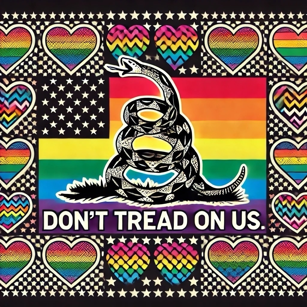 An image of a flag with a central black square featuring a coiled rattlesnake in vibrant LGBT rainbow colors. The snake is detailed with bold rainbow scales and accompanied by the text "Don’t tread on us" in bright, bold lettering below. Surrounding the central square are symmetrical patterns of hearts, stars, and triangles, filled with the colors of the progressive LGBT flag: black, brown, pink, light blue, white, and the traditional rainbow hues. The background of the flag is black, creating a striking contrast that emphasizes the vibrant colors and celebratory design.