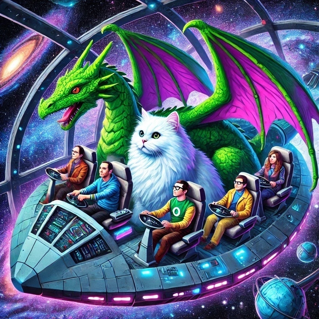 A vibrant cosmic scene showing a dragon-shaped starship piloted by two distinct characters: Changeling, a green dragon with purple wings, and Alex, a fluffy white cat with an expressive face. Changeling is seated in the cockpit, confidently managing futuristic controls, while Alex, sitting beside, appears whimsical yet focused. In the passenger area, the characters from “The Big Bang Theory”—Sheldon, Leonard, Penny, Howard, and Raj—are seated, interacting and looking in awe at the fantastical surroundings. The background features a vivid cosmic landscape with colorful stars, nebulae, and planets, enhancing the adventurous and otherworldly theme.