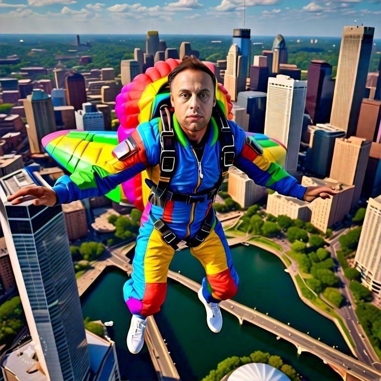 Me wearing a rainbow parachute and skydiving toward the minneapolis skyline.