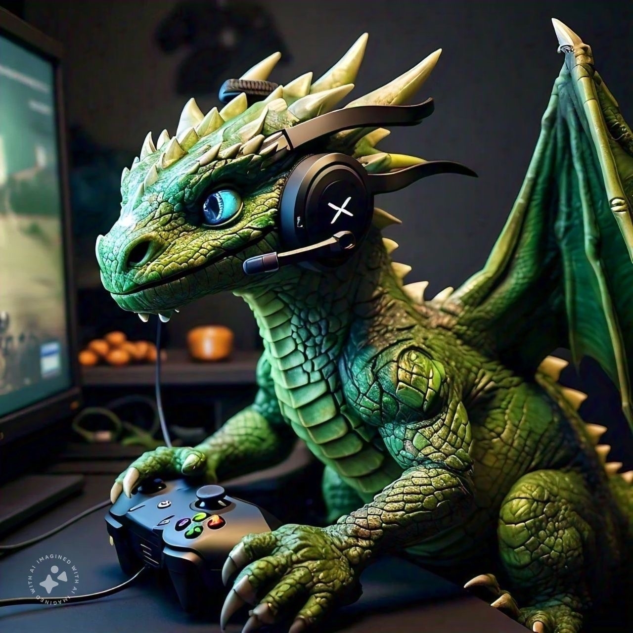 Taylor, the green dragon plays a video game at their desk.