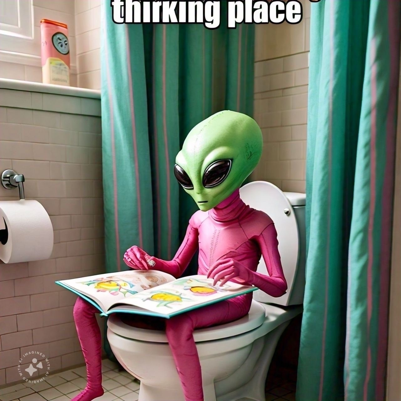 The image shows a green alien with large black eyes sitting on a toilet in a bathroom. The alien is wearing a pink suit and is reading a colorful book. The bathroom has white tiled walls and a teal shower curtain with pink stripes. There is a roll of toilet paper on a holder next to the alien. At the top of the image, there is text that says "thirking place," which is a playful misspelling of "thinking place."