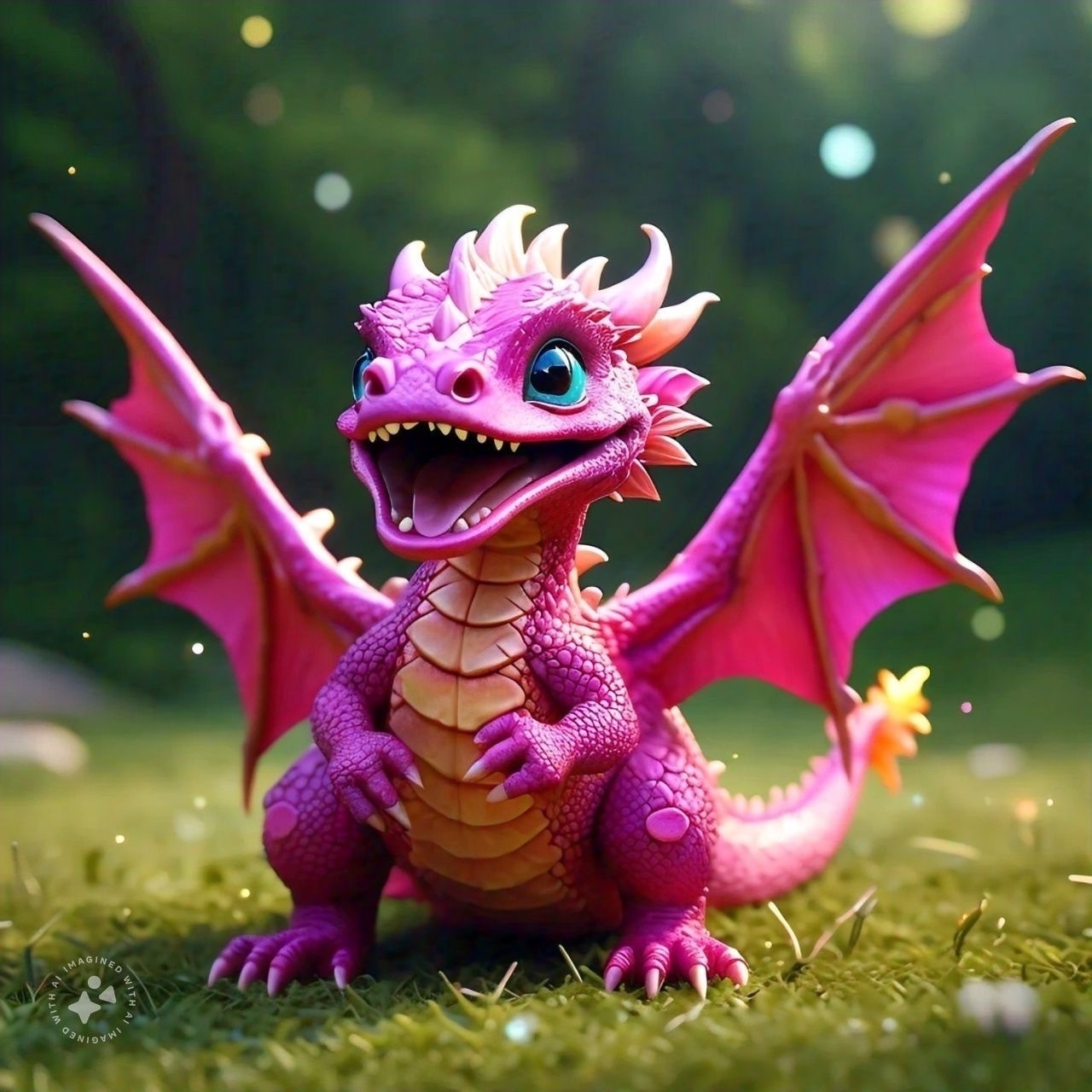 Brittany, the pink dragon stands on the edge of a forest looking playful.