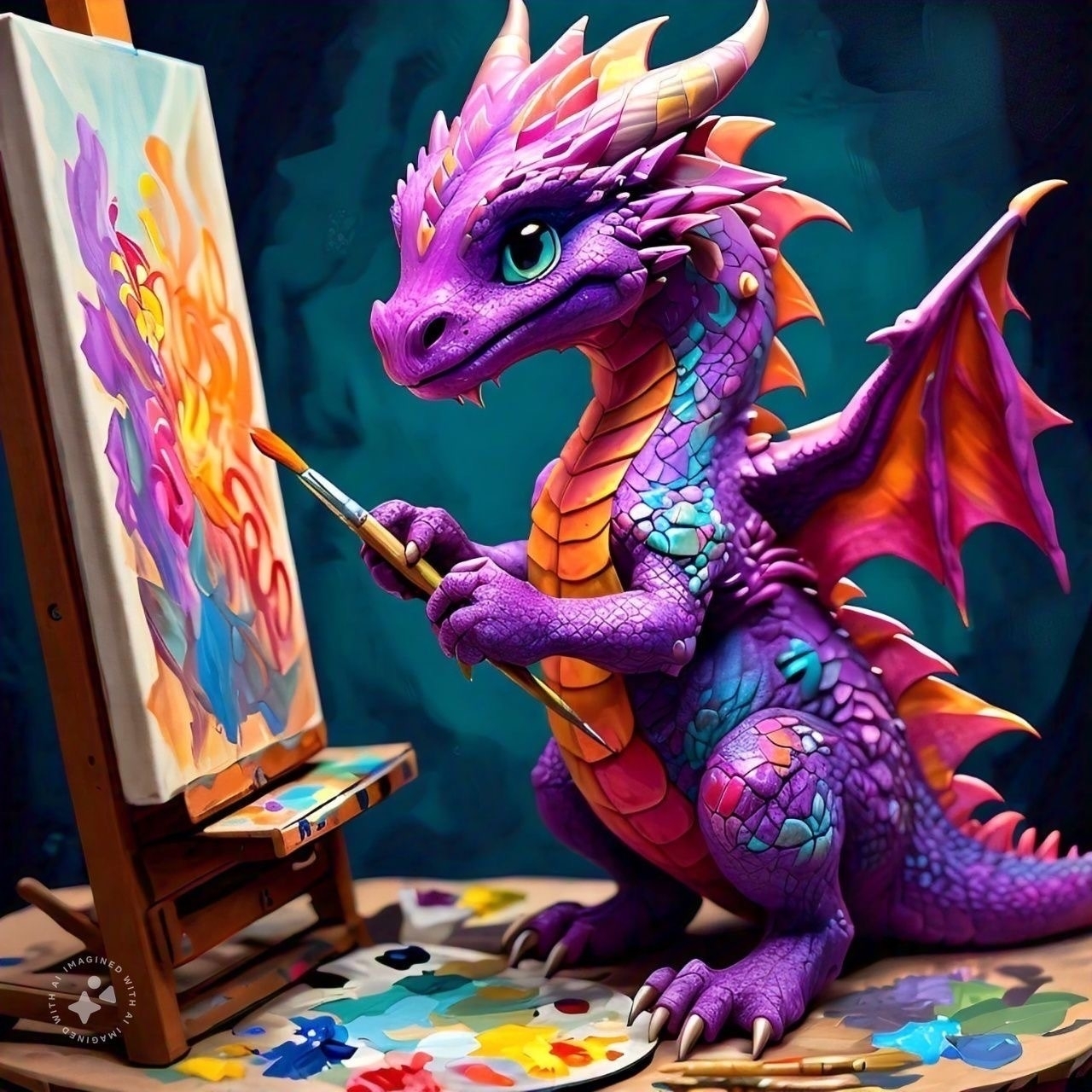 Evan, the purple dragon paint on a canvas with various art supplies scattered about.