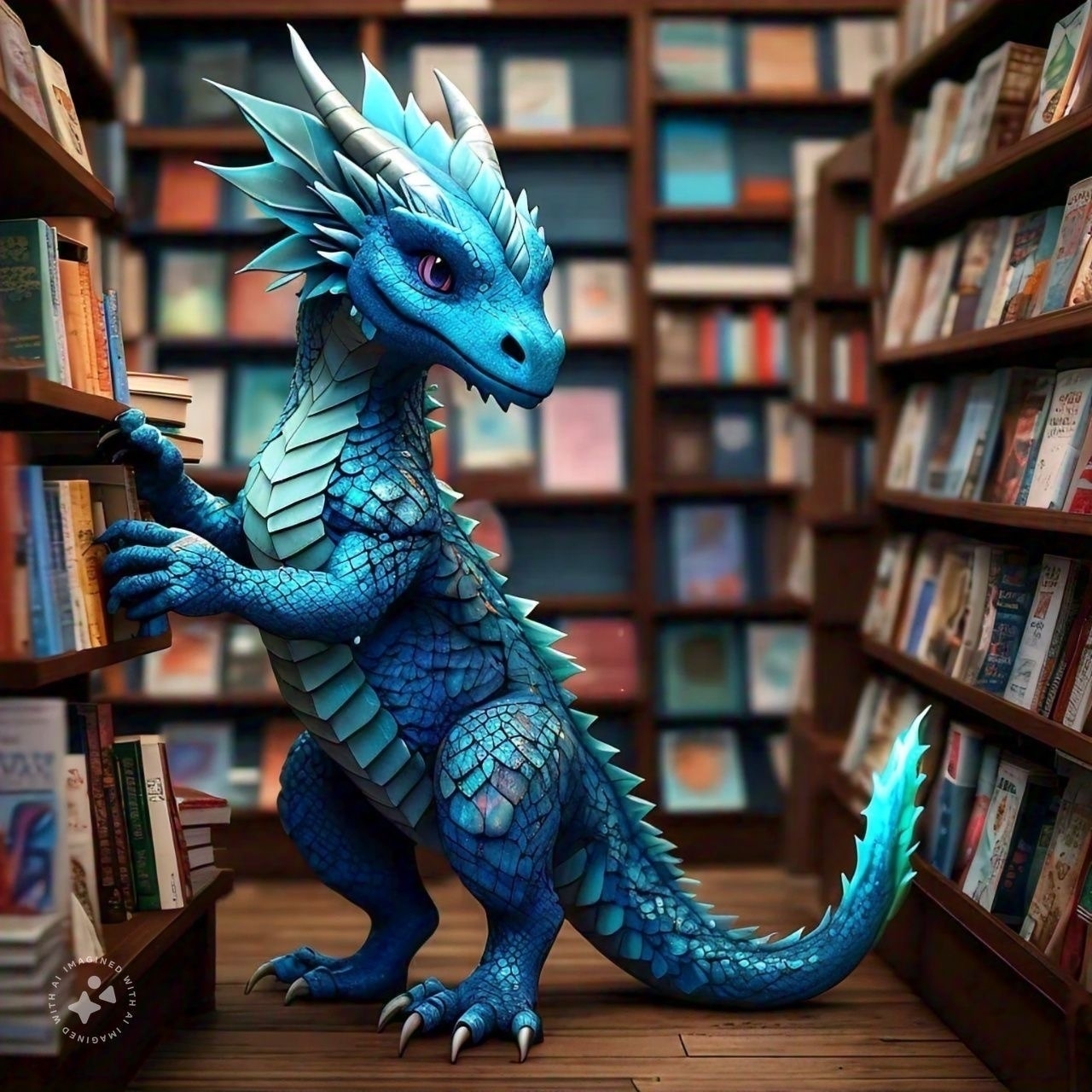 Sarah, the blue dragon shelves books in a library.