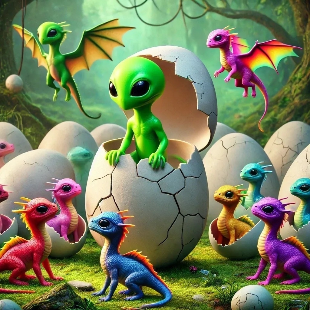 The image portrays a whimsical and fantastical scene set in a lush, green forest. Central to the image is a cracked, oversized egg, from which a green creature with alien-like features is emerging. This creature is surrounded by a dozen smaller, baby-like dragon creatures, each one perched on or around similarly cracked eggshells. The dragons are vibrant and varied in color, showcasing bright pinks, purples, blues, and yellows. They have small bodies, long tails, and delicate wings, with some fluttering above the rest. The forest background is dense, with hints of vines and a soft, ambient light filtering through the canopy, which adds to the magical atmosphere of the scene.