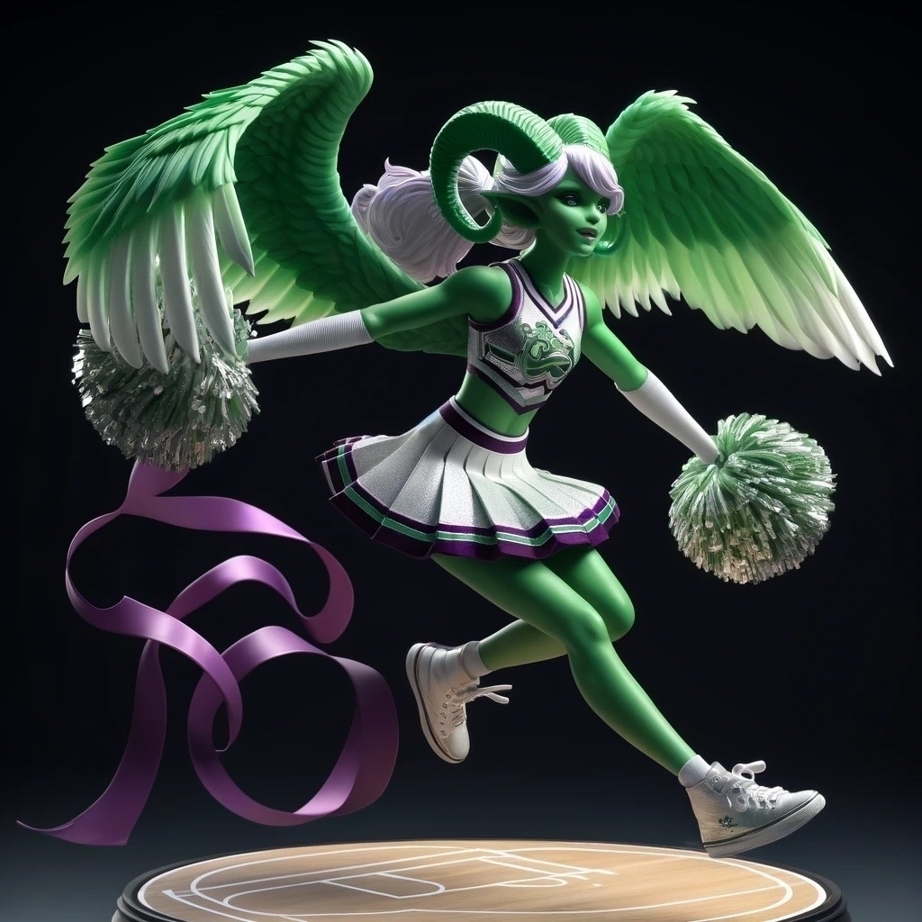 A stylized 3D-rendered figure of Cheerleader Changeling, a green humanoid with wings, captured mid-air in a dynamic cheer jump. They wear a classic cheerleader uniform with a pleated skirt and sleeveless top in green, purple, and silver. White cheer sneakers complement the outfit, and they hold fluffy pom-poms. Ribbons are tied around their horns, adding a playful touch. Their wings are partially folded, balancing the pose. They have a determined, focused expression, exuding confidence. The figure is mounted on a gym floor-themed display base. The uniform and sneakers have a glossy finish, while the wings, ribbons, and pom-poms feature a glow-in-the-dark effect.