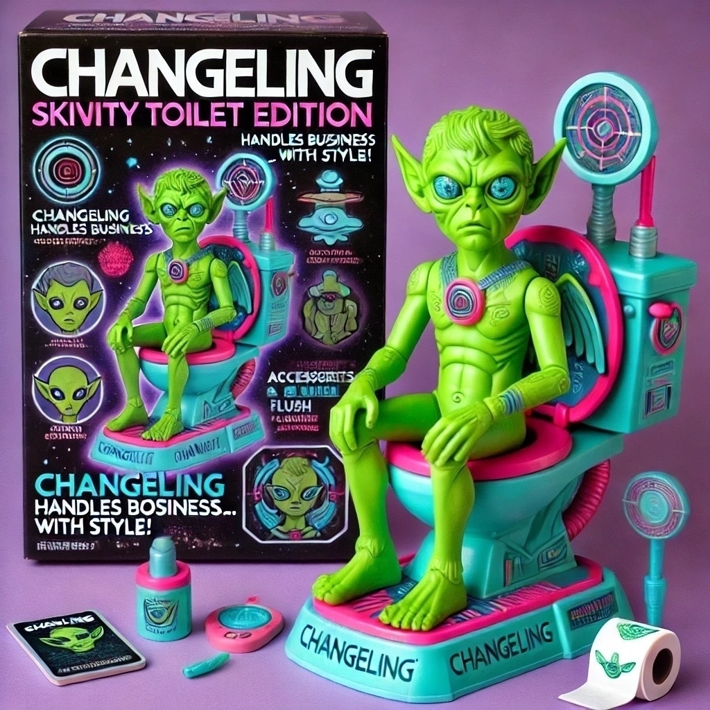 A collectible toy design featuring Changeling Skivity Toilet Edition. The toy showcases a green humanoid figure with wings, known as Changeling, seated on a futuristic toilet. The toilet has an alien-tech aesthetic with glowing symbols, floating buttons, and a small control panel. Changeling has movable arms and an expressive face. Accessories include a holographic tablet, a tiny roll of toilet paper with alien writing, and a hidden compartment in the toilet tank for a surprise mini-figure. The packaging features a cosmic bathroom backdrop with the title “Skivity Toilet Edition” and slogans like “Changeling handles business… with style!”