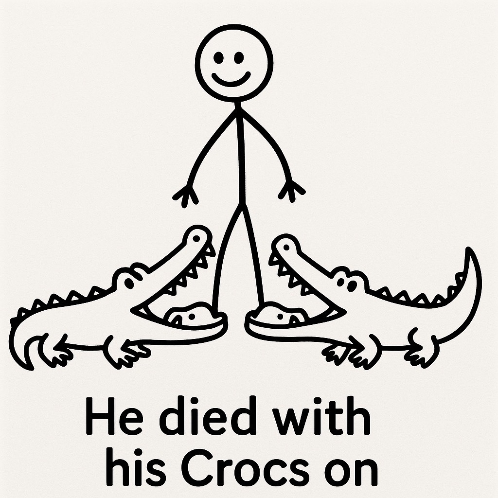 A simple black-and-white cartoon shows a smiling stick figure man standing upright with each foot inside the open mouth of a cartoon crocodile. The crocodiles face inward from either side, gripping his feet. Below the image, the caption reads: “He died with his Crocs on.”