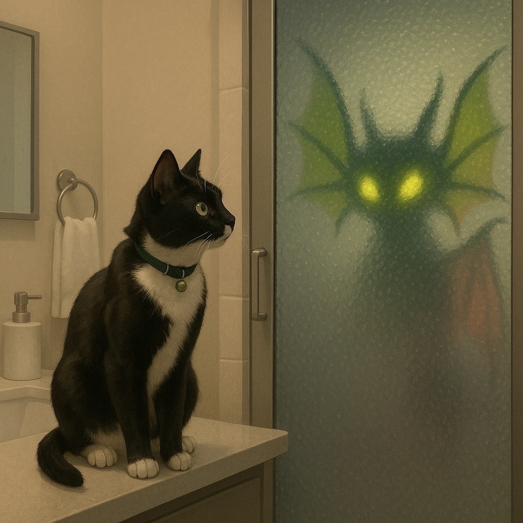 A black and white cat sits on a bathroom counter, staring curiously at a frosted glass shower door with an eerie, glowing-eyed creature visible behind it.
