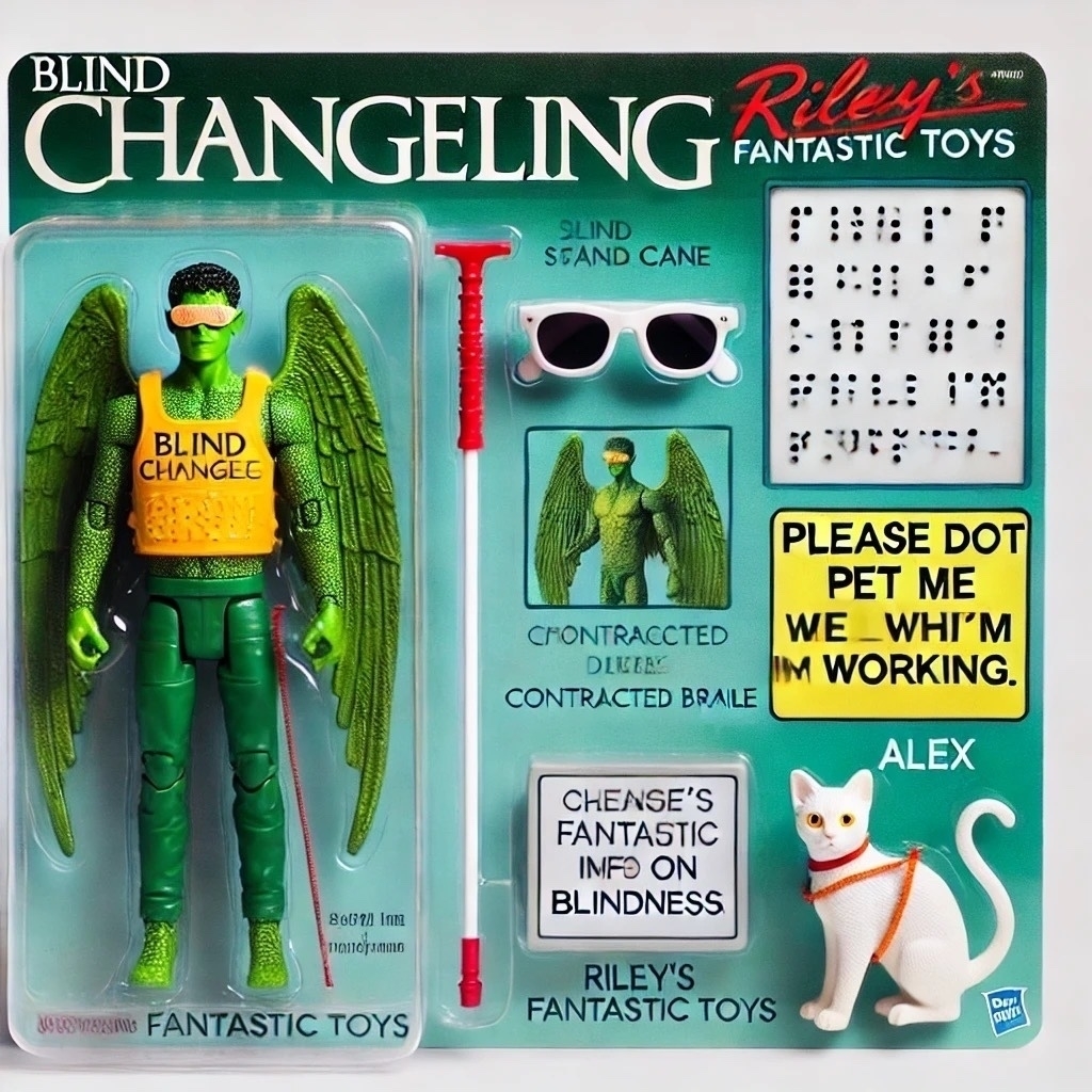 An action figure of Blind Changeling, a green humanoid with wings, displayed in 1990s-style toy packaging. The figure wears wrap-around sunglasses with a slight tint and holds a white cane with a red tip. Accessories include a miniature Braille display with the word “Changeling” in contracted Braille and a small backpack for storage. Alex, a white cat with black spots and yellow eyes, wears a yellow guide vest with a rigid handle and text that reads, “Please Don’t Pet Me While I’m Working.” The packaging features the Changeling logo, the name in Braille, the Riley’s Fantastic Toys logo, a bulleted list of accessories, and a fake QR code labeled “Scan me for info on blindness.”