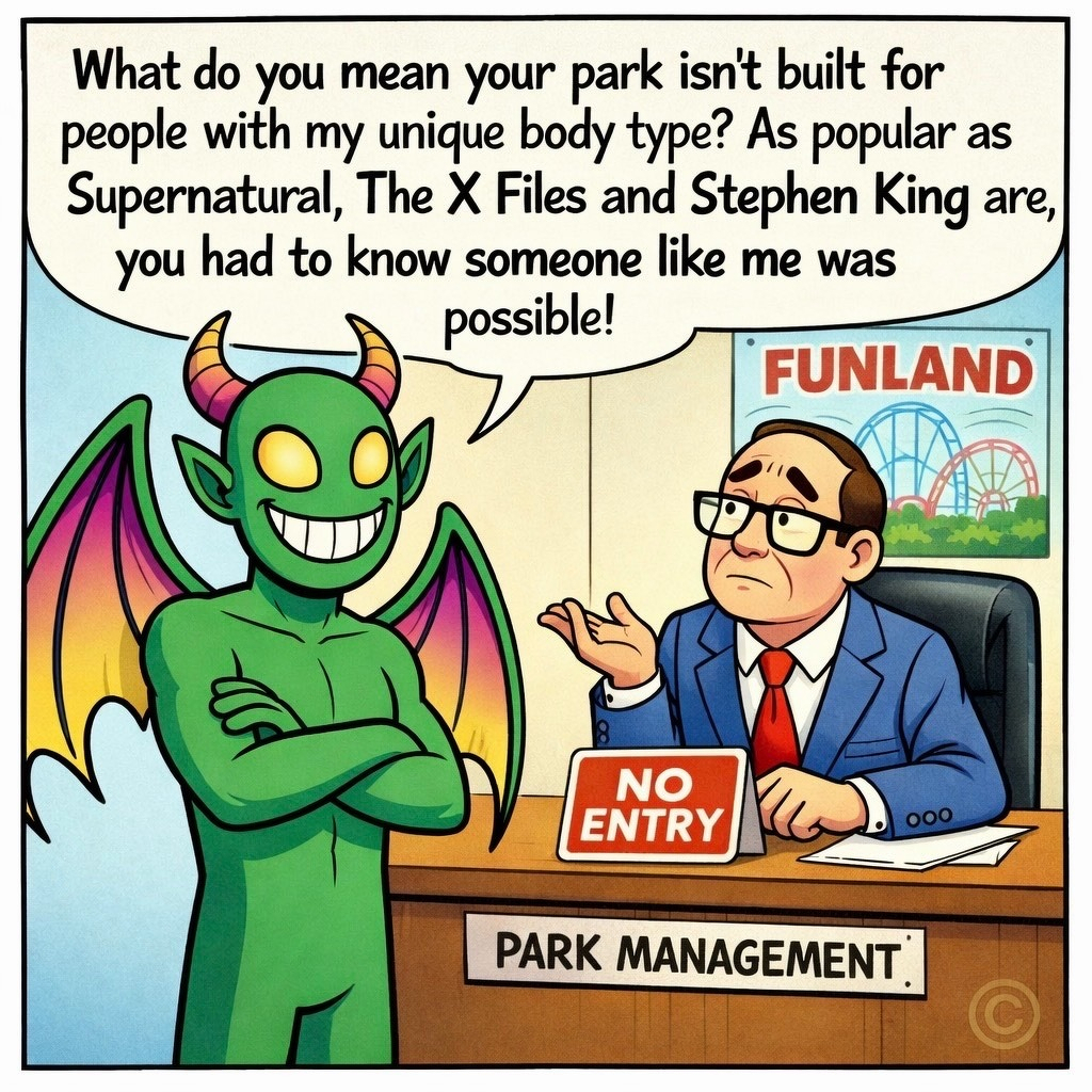 Cartoon-style digital comic panel. Changeling stands at a theme park office desk, speaking to a manager who has denied them entry, saying, “What do you mean your park isn’t built for people with my unique body type? As popular as Supernatural, The X Files and Stephen King are, you had to know someone like me was possible!” Changeling is green with glowing yellow eyes, a wide grin, curved magenta-to-gold horns, and large gradient wings. The manager in a blue suit gestures behind a desk labeled “Park Management,” with a red “No Entry” sign and a Funland roller-coaster poster on the wall.